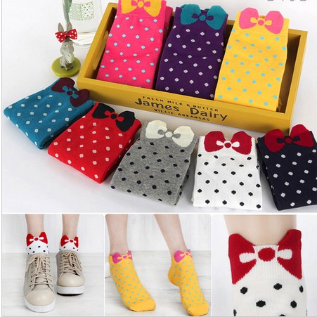 Cotton Socks 10pairs/lot Multi Candy Color Women's Gir's Cute Sock Three-dimensional Bow Polka Dot Ankle Socks